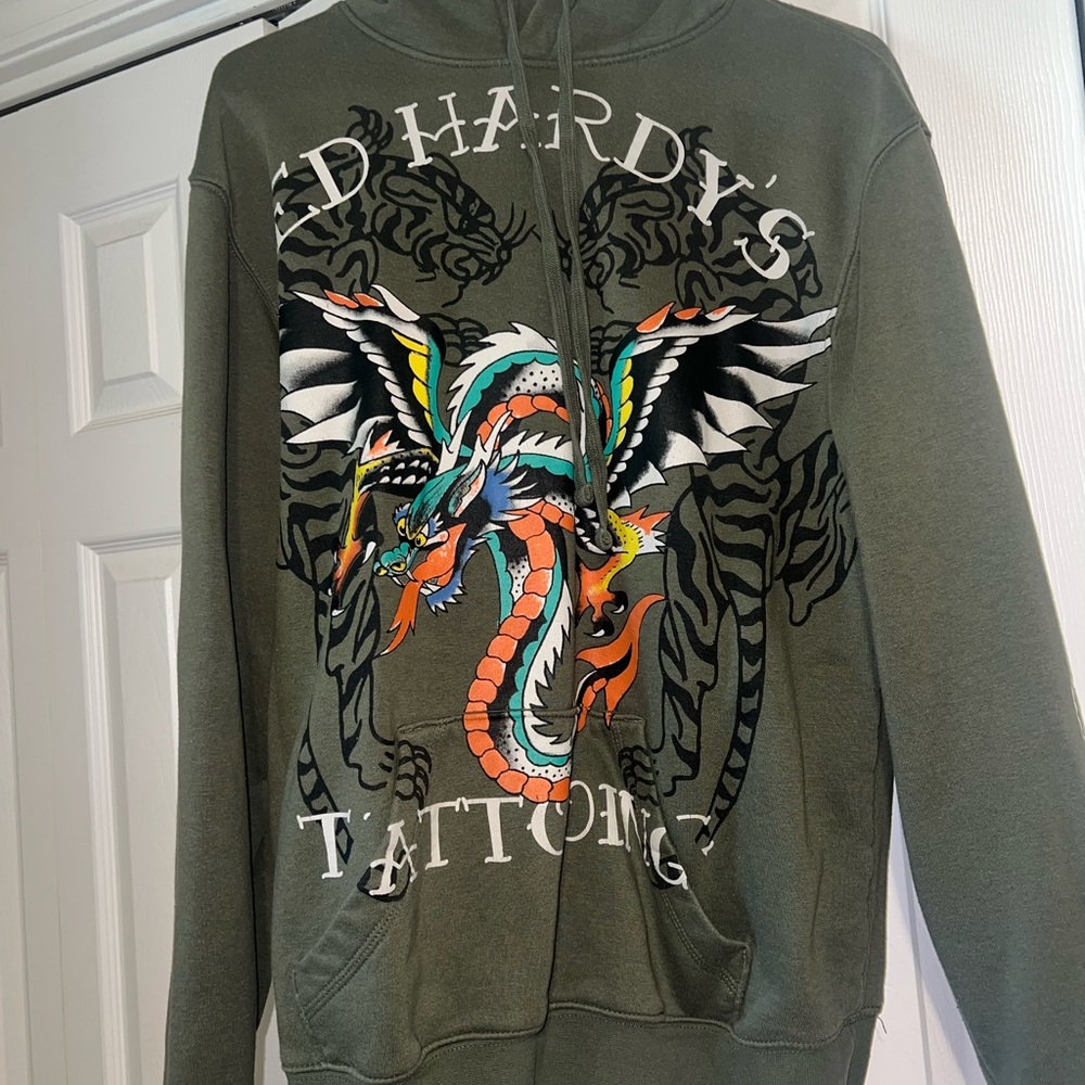 Ed Hardy Olive Green Dragon Tattoo Hoodie